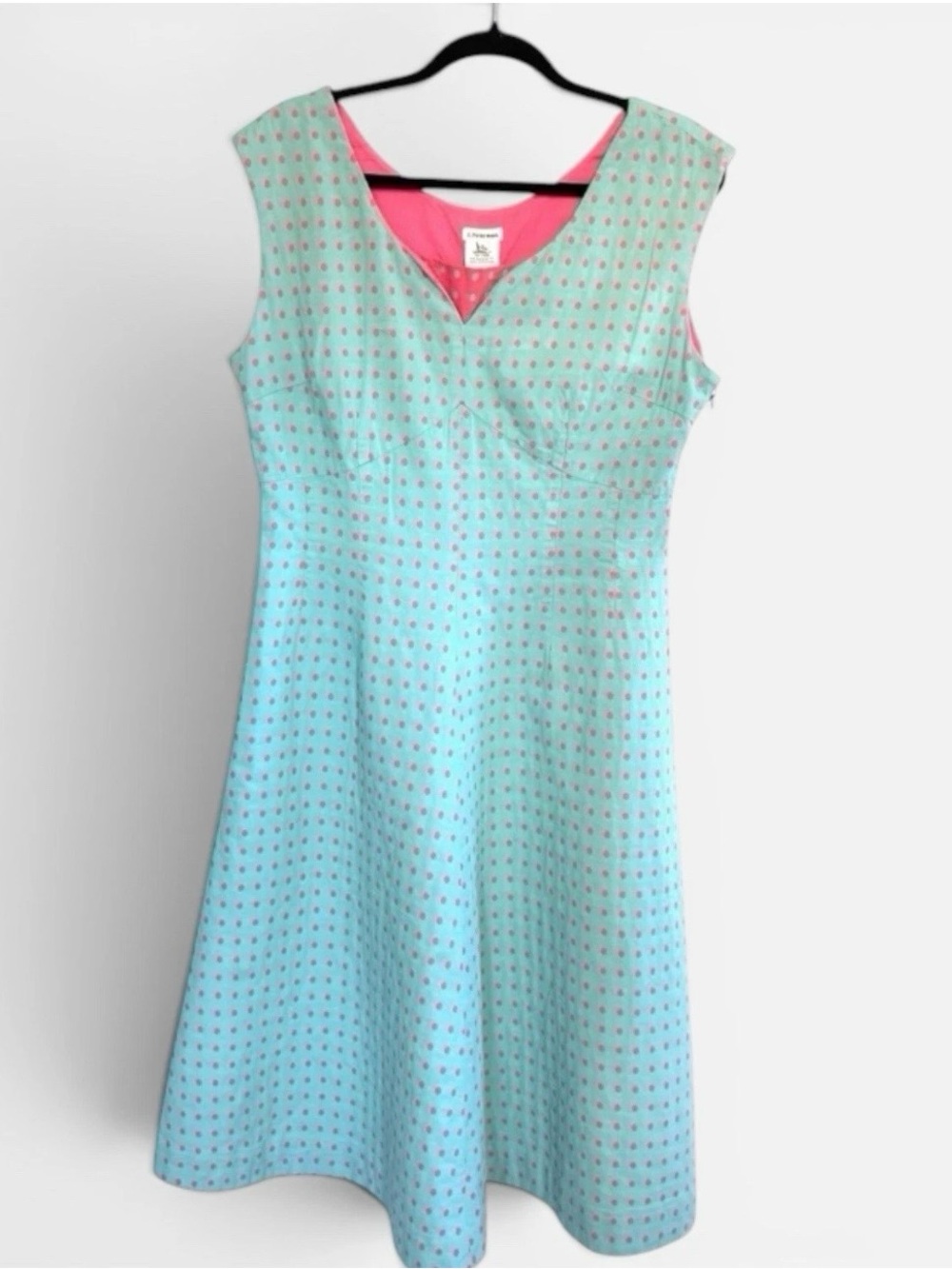 J Peterman Sleeveless Dress Seafoam Green Pink Polka Dot Sz 16 Cotton 100%
